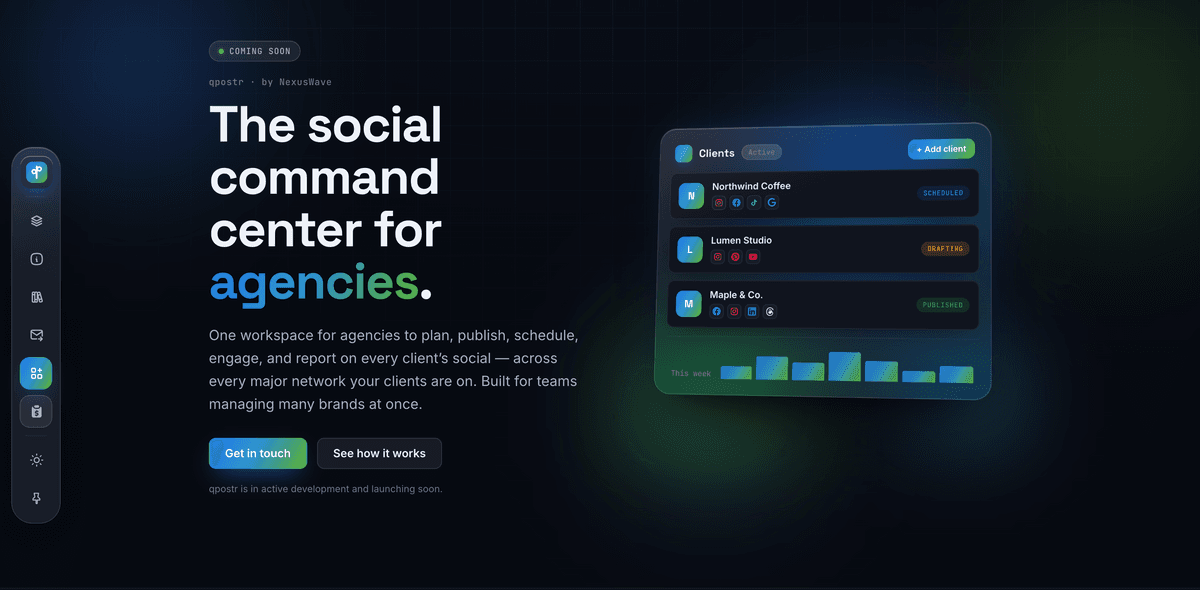 qpostr landing page — 'The social command center for agencies' — with a client dashboard showing scheduled, drafting, and published posts